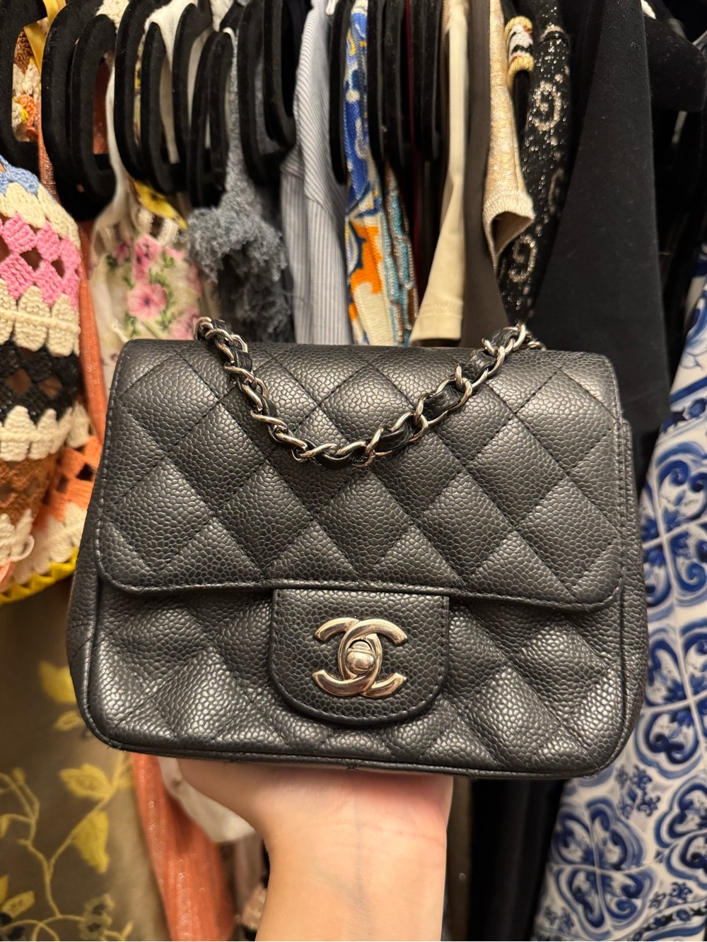 CHANEL Black Quilted Mini Flap Bag with Silver-Tone Chain
